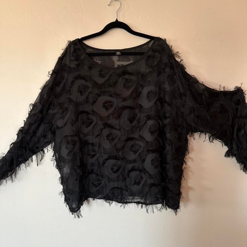SHEIN Curve 4XL Black sheer blouse with textured appliqués and frayed‎ Details